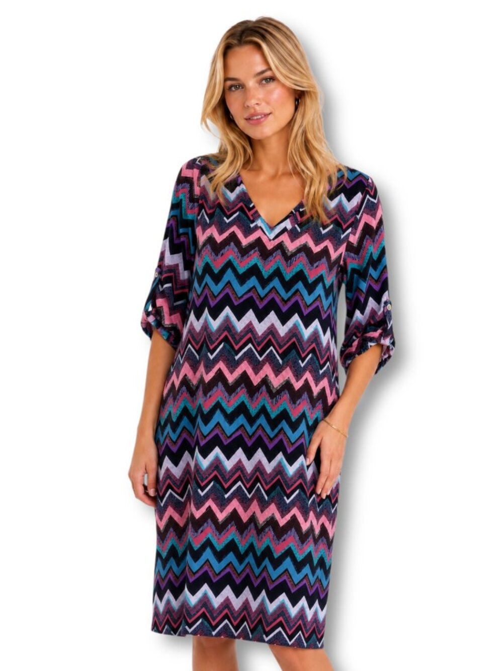 Skies Are Blue Chevron Shirt Dress L Multi Pink Purple Teal Black Zig Zag Print